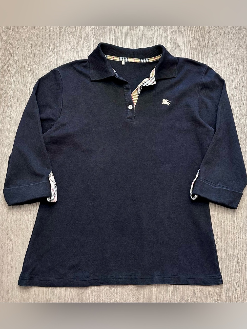Burberry Black Nova Check Trim 3/4 Sleeve Polo Top